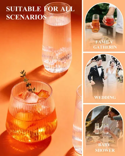 Miniatura 3 de BESTSTAR Paquete de 48 vasos desechables de plástico con nervaduras estilo origami - 24 flautas de champán sin pie de 9 onzas y 24 vasos de 12