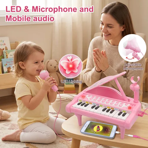 Miniatura 4 de Love&Mini Juguetes de piano rosa para niñas de 1 año o más, regalos de primer cumpleaños, piano para niños pequeños, instrumentos de juguete musical