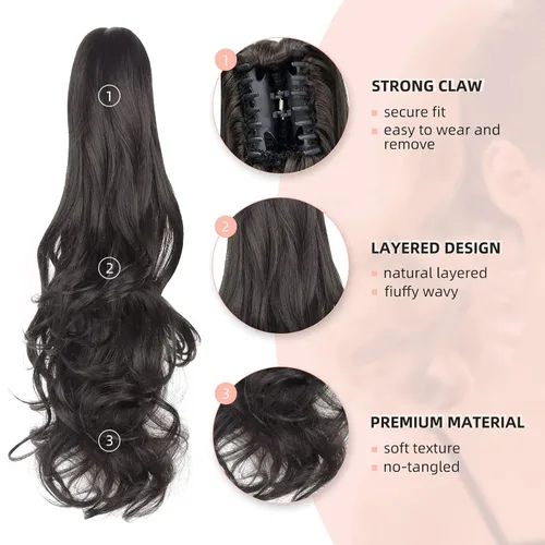 Miniatura 3 de Extensión de cabello negro con cola de caballo de 22 pulgadas de largo, rizado, ondulado, peluca sintética con clip, peluca de cola de caballo