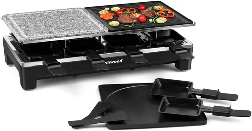Raclette Grill, Techwood - Parrilla eléctrica para interiores con 2 platos antiadherentes reversibles, 1 placa de parrilla de piedra, calentamiento