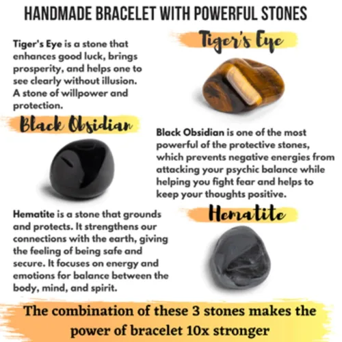Miniatura 3 de Crystal Vibe Triple Protection Bracelet - 10mm Bead Bracelet for women men With Natural Stones of Tiger Eye Hematite and Black Obsidian - Healing