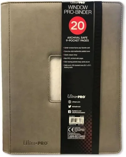 Ultra Pro Álbum de cuero sintético acolchado de 9 bolsillos con ventana central para Pokemon, YuGiOh, tarjetas mágicas y tarjetas fotográficas. Gris