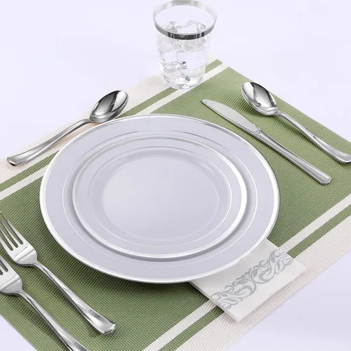 Miniatura 5 de FOCUSLINE Juego de 102 platos de plástico plateados, desechables, resistentes, 51 platos llanos y 51 platos de postre, elegante plato de plástico