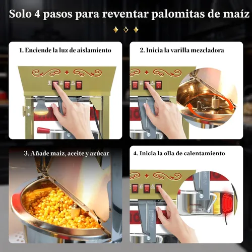 Miniatura 3 de Máquina de palomitas de maíz comercial vintage con carrito y luz calentadora - Palomitero de acero inoxidable de 12 onzas hace 60 tazas para cine