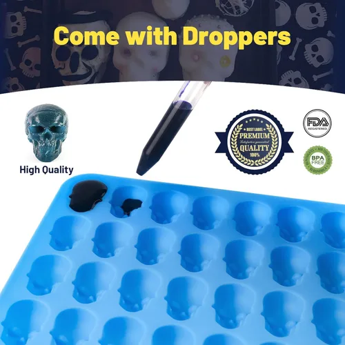 Miniatura 5 de Sidosir 4 moldes de chocolate con calavera de gomita, moldes de caramelo de calavera de gomita, moldes de silicona antiadherentes con 2 cuentagotas