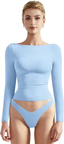 Miniatura 23 de SUUKSESS Camiseta de mujer con cuello redondo, manga larga, doblemente forrada, ajustada y corta