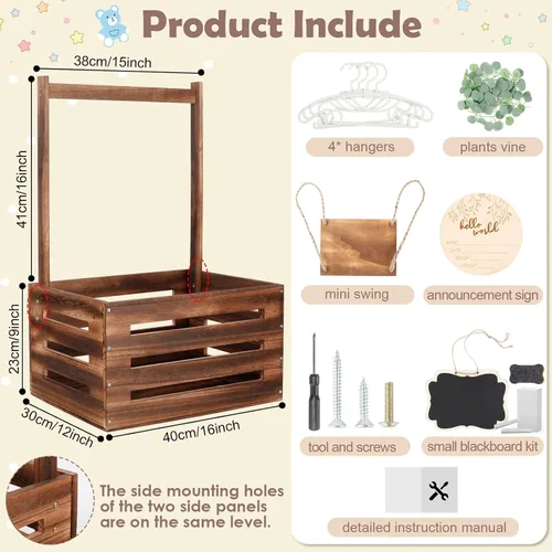 Miniatura 2 de Caja de madera para baby shower con asa y guirnalda, cestas de gran capacidad para baby shower, cestas de baby shower de fácil montaje