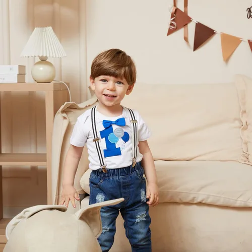 Miniatura 28 de Conjunto de ropa de cumpleaños para bebé niño pequeño, con tirantes, pantalones de mezclilla rasgados