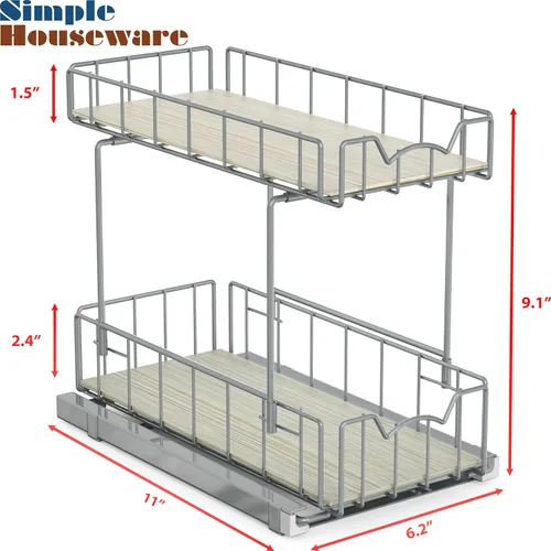 Miniatura 5 de Simple Houseware - cajón organizador de cesta deslizante de 2 niveles para especias, plateado