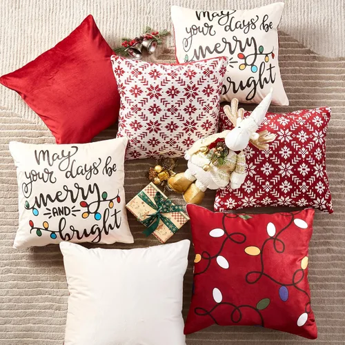 Miniatura 9 de jinchan Fundas de almohada navideñas de 20 x 20 pulgadas, fundas de almohada rojas navideñas con estampado de luces de cascabel, decoración