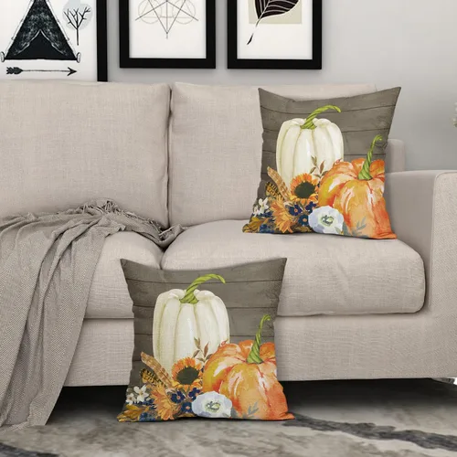 Miniatura 7 de Kawani Fundas de almohada decorativas blancas y naranjas de calabaza de otoño de 18x18 pulgadas con hojas de girasol y madera, juego de 2, cojines