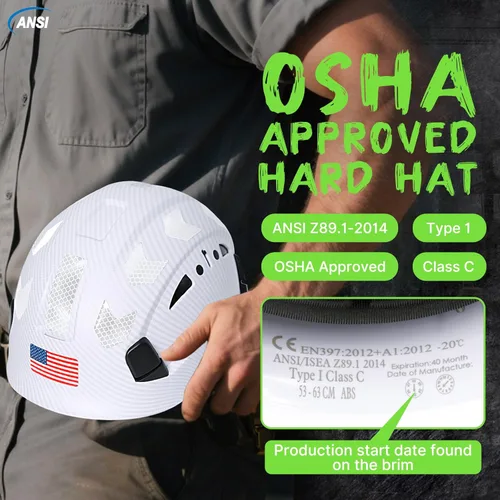 Miniatura 6 de Aolamegs Vented Carbon Fiber Pattern Hard Hat, ANSI Z89.1 Type 1 Class C Safety Helmet for Construction, OSHA Approved Work Hat with 6-Point Casco