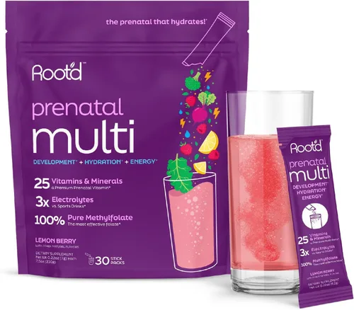 Root'd Polvo multivitamínico prenatal - 25 vitaminas y minerales con 3 electrolitos, folato, hierro, D3 para mamá y bebé, 7 superalimentos y