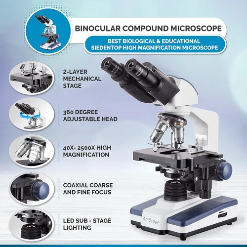 Miniatura 2 de AmScope B120C-WM-BS Siedentopf Microscopio Compuesto Binocular, Ampliación 40X-2500X, Campo Claro, Iluminación LED, Condensador Abbe, Etapa Mecánica