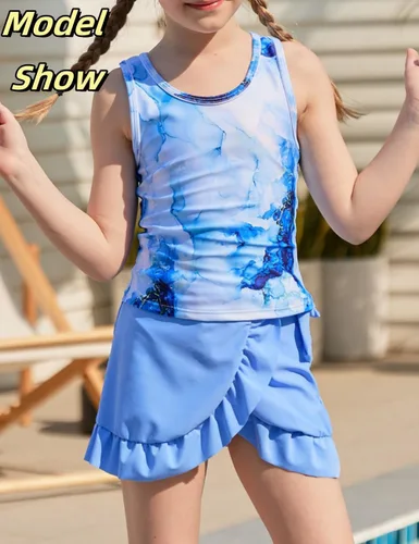 Miniatura 2 de Traje de baño tankini de 3 piezas para niñas, lindo bikini con salida de baño con falda de playa de 5 a 16 años