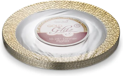 Miniatura 2 de Laura Stein [60 platos de 10 pulgadas] vajilla de diseñador de plástico pesado de alta calidad con borde dorado, plato de fiesta y boda, serie