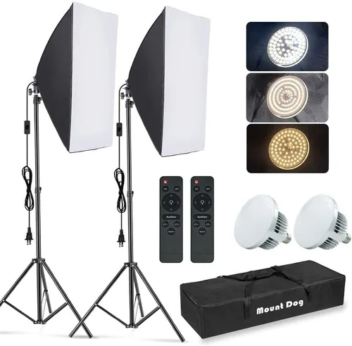 MOUNTDOG Kit de iluminación Softbox, 2 x 19.7 x 27.5 pulgadas, sistema de iluminación continua para fotografía con 2 bombillas LED de 85 W 5700 K