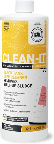 Unique Limpiador Líquido para Tanque Negro de RV Clean-It - Resetea Efectivamente los Tanques Negros Sucios de RV - Elimina Olores y Residuos (32 oz)
