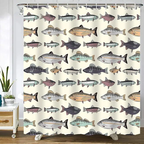 Cortina de ducha con diseño de peces vintage, diseño de peces de salmón, trucha de salmón, cortinas de ducha de pesca de carpa dibujada con dibujos
