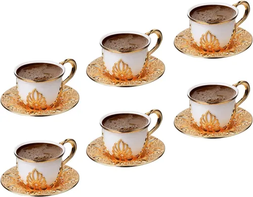 Juego de 6 tazas de café | Lujosas tazas de porcelana hechas a mano de 18 piezas con platillos de metal y portavasos extraíbles | Juego de tazas de