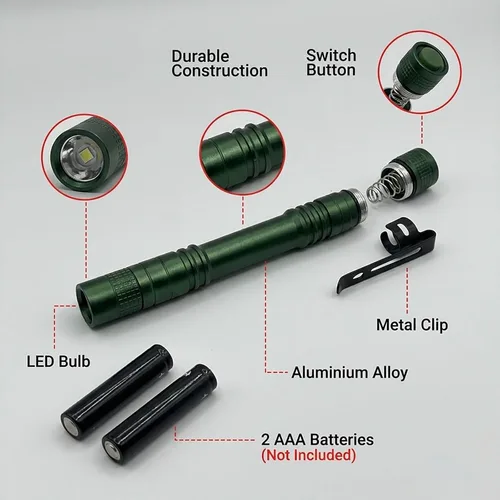 Miniatura 6 de Paquete de 2 linternas para bolígrafo, interruptor trasero de un solo modo, mini linterna LED alimentada por 2 baterías AAA, luz de bolsillo