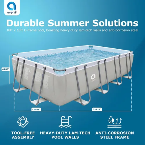 Miniatura 2 de JLeisure Avenli 17776 - Piscina rectangular sobre el suelo con marco de acero, de 18 x 10 x 4 pies, con kit de reparación, color gris