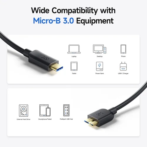 Miniatura 4 de Cable Matters 10Gbps Cable USB C corto a Micro USB 3.0 - 1 pie, cable de disco duro USBC, cordón Micro B a USBC, compatible con disco duro externo