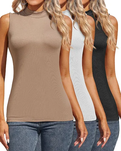 3 piezas de camisas sin mangas de cuello alto falso para mujer, camisetas elásticas ajustadas, básicas, ligeras, para capas