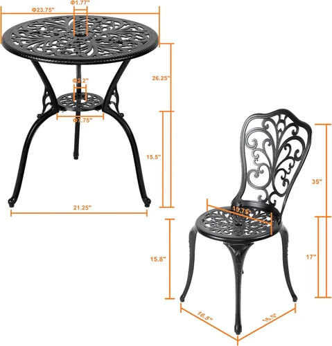 Miniatura 5 de NUU GARDEN Bistro - Juego de 3 piezas para exteriores de aluminio fundido para todo tipo de clima, juego de mesa y sillas de patio con agujero