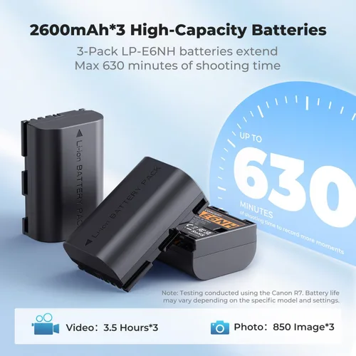 Miniatura 2 de K&F CONCEPT Paquete de 3 baterías LP-E6NH y cargador de triple ranura compatible con Canon EOS R7, R6, R5, R, 6D Mark II, 5D Mark IV, 5D Mark III