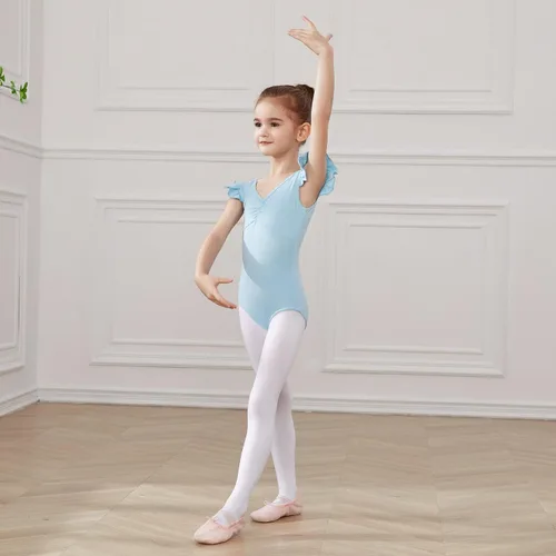 Miniatura 4 de HIPPOSEUS Leotardos de gimnasia de ballet para niñas, con volantes, manga corta, ropa de ballet para baile, Y-07