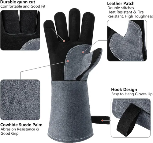 Miniatura 7 de Guantes de soldadura Mig/Stick resistentes al calor de 932 °F de cuero de vaca de 14 pulgadas, guantes de barbacoa de manga larga y forro aislado