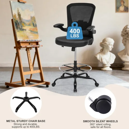 Miniatura 8 de Silla de Dibujo Silla Alta de Oficina con Asiento de Cuero PU, Silla de Escritorio Ergonómica de Pie de 400lbs con Soporte Lumbar, Taburete