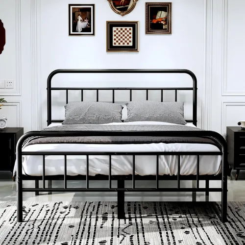 Base de cama metálica de 14 pulgadas, base de cama tamaño matrimonial con cabecero tapizado, base de colchón resistente y de alta capacidad, fácil