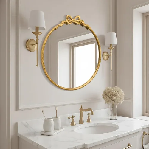 Miniatura 6 de Besdomus Espejo Redondo Dorado con Lazo: Espejo de Baño Moderno de 27" - Espejos de Tocador Ornamentados Tradicionales Barrocos