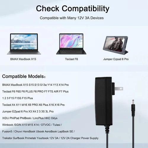 Miniatura 2 de Cargador de 12V 3A 2A compatible con Jumper Ezbook X3 X4 S4 2 3 3S 3L Pro EZpad 6 Pro HeroBook ubook AeroBook LapBook xidu Tour Pro 12.5 Trekstor