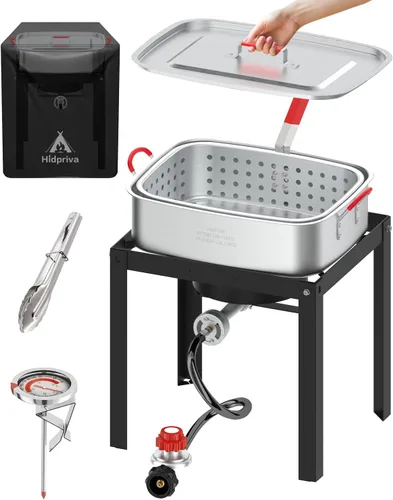 Miniatura 12 de Freidora de pescado de propano de 10 cuartos de galón con tapa, quemador de propano de 55,000 BTU, olla para exteriores con cestas, tapa, termómetro
