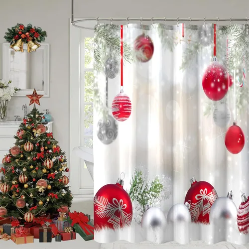 Miniatura 11 de Cortina de ducha de Navidad, cortinas de ducha azules con copos de nieve de Navidad para decoración de baño, cortina de ducha azul de vacaciones
