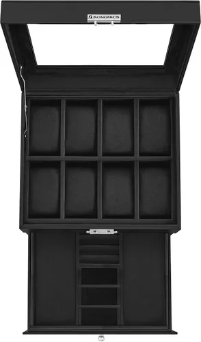 Miniatura 71 de SONGMICS UJWB012 - Caja de reloj de 12 ranuras, caja de reloj con cerradura con tapa de vidrio, 2 capas, con 1 cajón para anillos, pulseras, idea