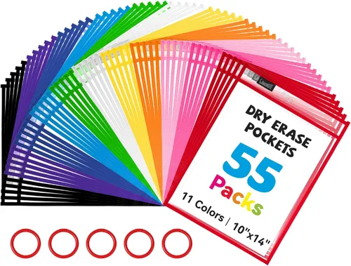 Miniatura 15 de Gamenote - Paquete de 30 bolsillos de borrado en seco con 5 anillas, 10 colores surtidos, fundas de plástico reutilizables de gran tamaño de 10x14