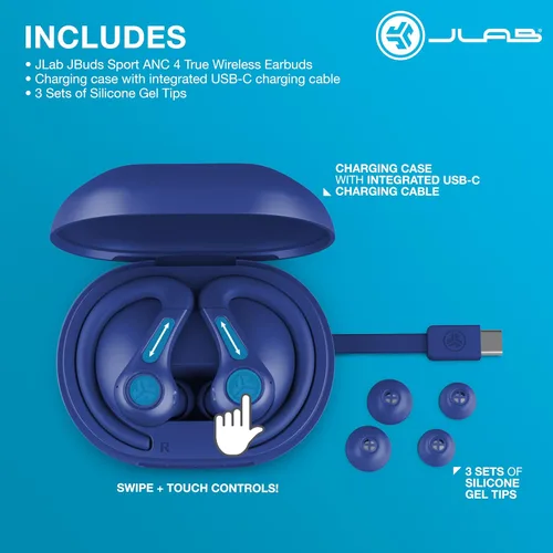 Miniatura 7 de JLab JBuds Sport ANC 4 Auriculares inalámbricos Bluetooth verdaderamente inalámbricos + Estuche de carga, Azul Cobalto, Controles táctiles