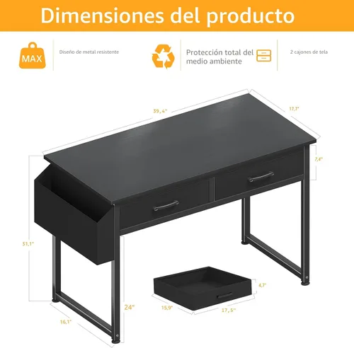 Miniatura 3 de DLisiting - Escritorio para computadora con cajones de tela para oficina en casa, dormitorio, escritorio pequeño de 40 pulgadas para juegos con 2