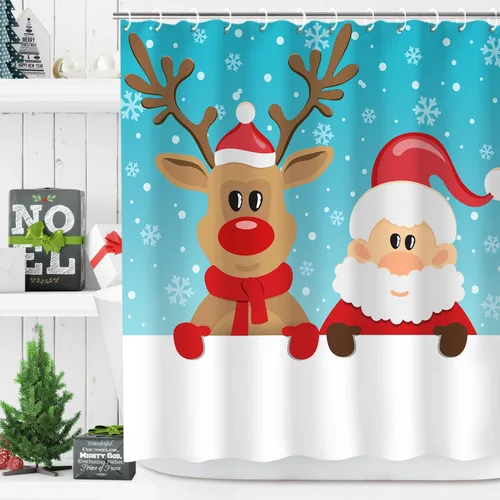 Miniatura 2 de LIVILAN Cortina de ducha de Navidad, diseño de Papá Noel y reno con 12 ganchos, cortina de baño decorativa de Navidad de tela de dibujos animados