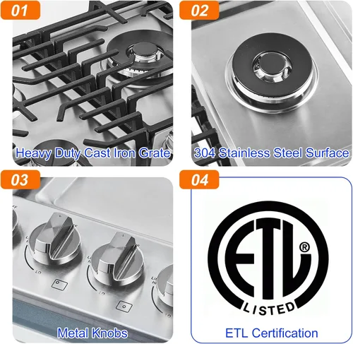 Miniatura 5 de AMZCHEF Placa de cocina de gas de 30 pulgadas con 5 quemadores SABAF fabricados en Italia. Máx. 48300 BTU/hr Estufa de gas incorporada de acero