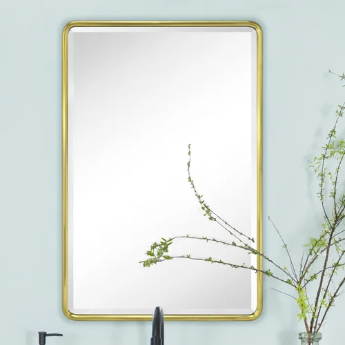 Miniatura 2 de TEHOME Botiquín de baño empotrado con marco de metal dorado cepillado con espejo rectangular redondeado con espejo biselado de 16 x 24 pulgadas