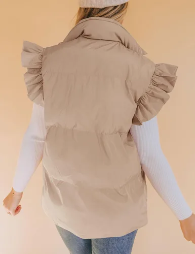 Miniatura 5 de Meyhad Chaleco acolchado de manga con volantes para mujer, chaleco acolchado sin mangas