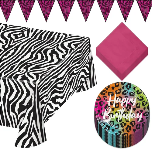 Miniatura 10 de Live It Up! Party Supplies Wild Child Happy Birthday - Platos de postre de papel con estampado de animales, servilletas y tazas de color rosa