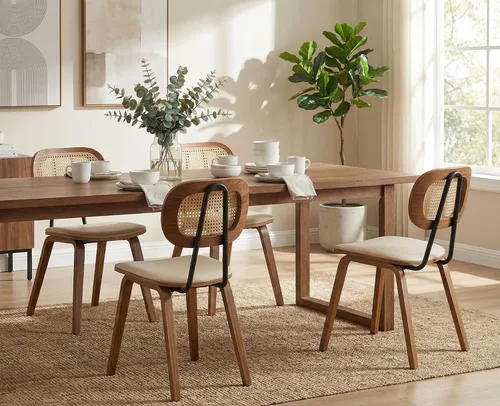 Miniatura 2 de Ya-Home Juego de 4 sillas de comedor Mid-Century de piel sintética con respaldo de ratán, patas de madera, diseño sin brazos para comedor, sala