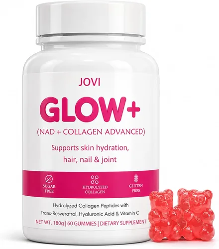 Jovi Glow+ NAD+ - Gomitas avanzadas de colágeno hidrolizado, absorción avanzada, péptidos multitipo con resveratrol, ácido hialurónico, vitamina C y