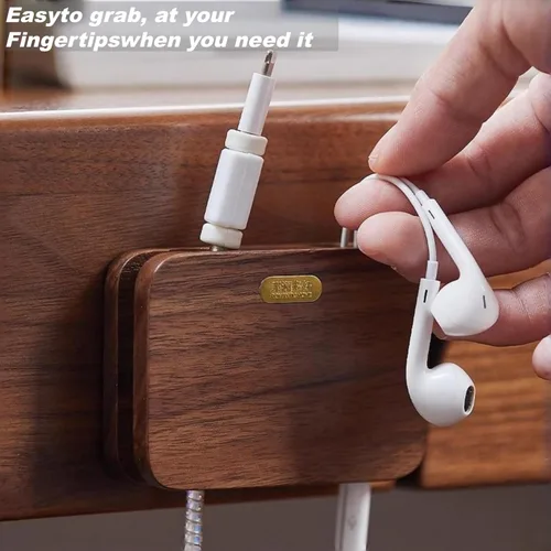 Miniatura 5 de Soporte de cable autoadhesivo de madera maciza para cables gruesos, organización de cables para mesita de noche, cocina, PC, TV y oficina, soporte